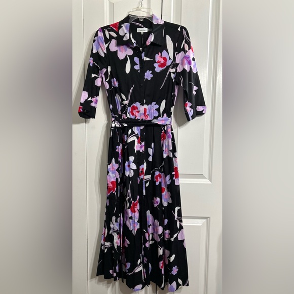 Calvin Klein Women's Floral 3/4 Sleeve Black/Purple Shirt Maxi Dress Size 6 - Picture 14 of 14